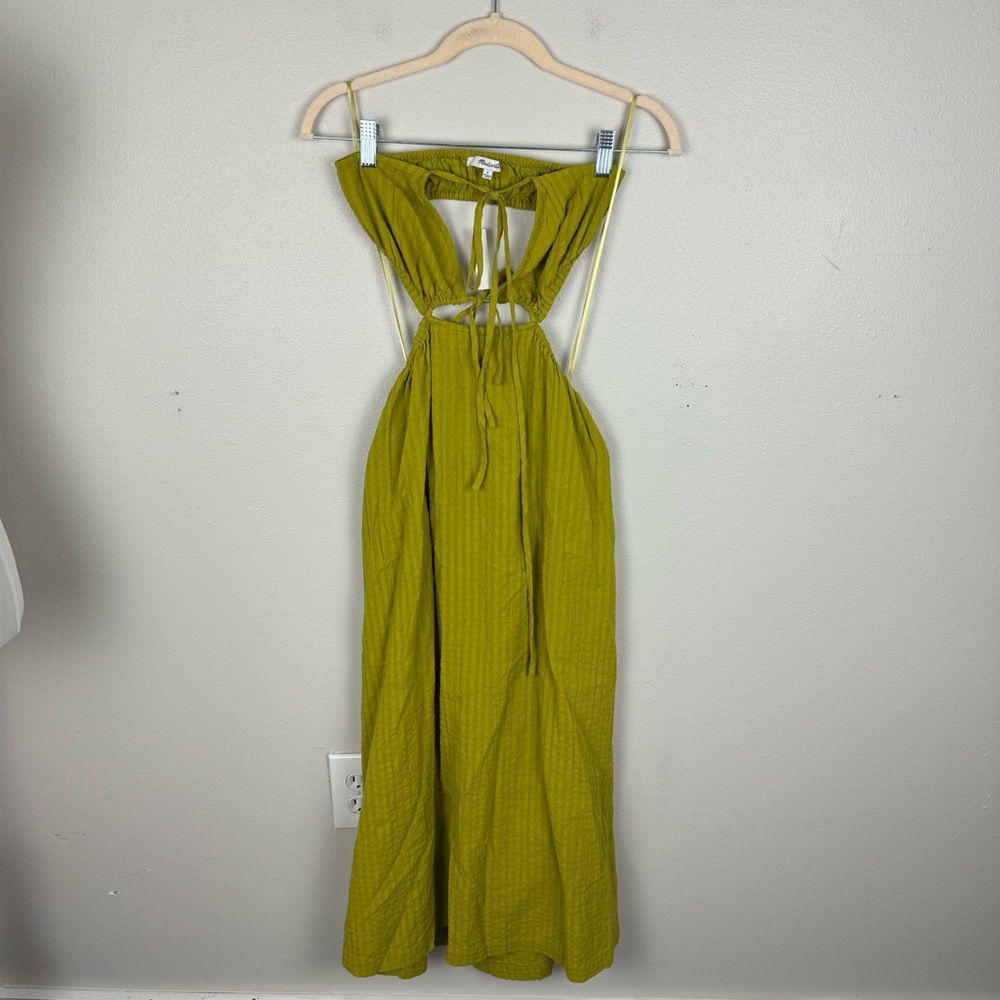 Madewell Seersucker Tie-Front Cutout Midi Dress Size S Mustard Yellow Textured